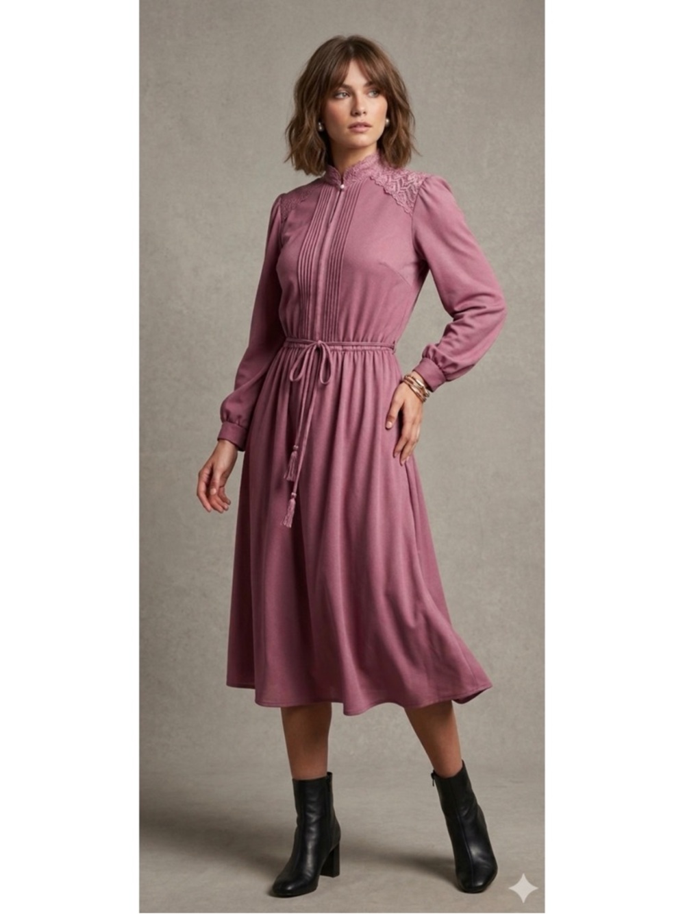 Vintage Jane Baar Dusty Rose Long-Sleeve Secretary Dress with Tie Waist Sz M/L